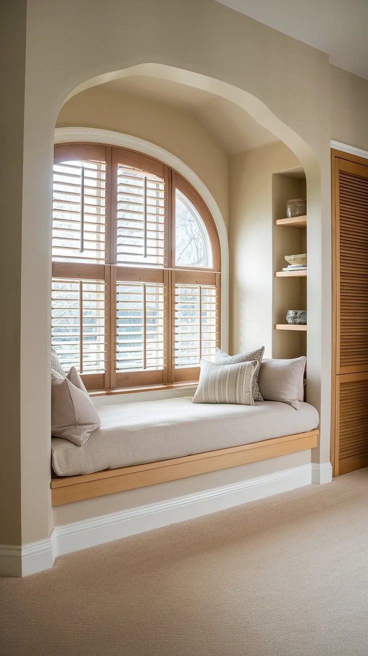 This bedroom nook is a masterclass in space-saving design. The built-in bed, complete with a charming reading area, is the centerpiece of this calming space. A built-in bedroom closet and additional shelving provide ample storage, all seamlessly integrated into the design. The beige walls and carpet create a warm and inviting atmosphere, enhanced by the natural light streaming through the wooden shutters. Built-in beds rarely look this stylish.