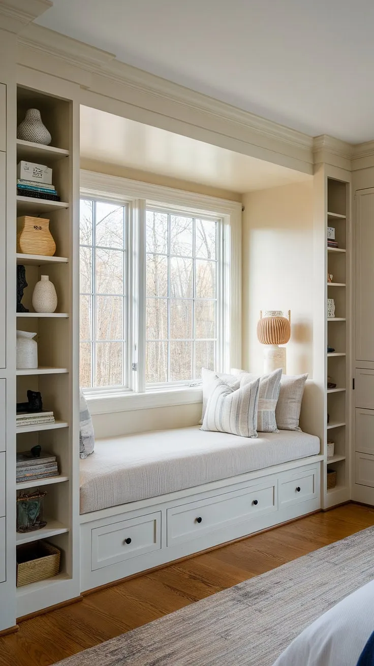Sunlight streams through the large window of this master bedroom, illuminating the cozy and efficient bedroom nook. The built-in bed, nestled within custom-designed built-in beds and shelves, maximizes space, while the opposite wall features a generous built-in bedroom closet. This clever use of bedroom built-ins creates a tranquil retreat, a perfect example of a bed nook design.