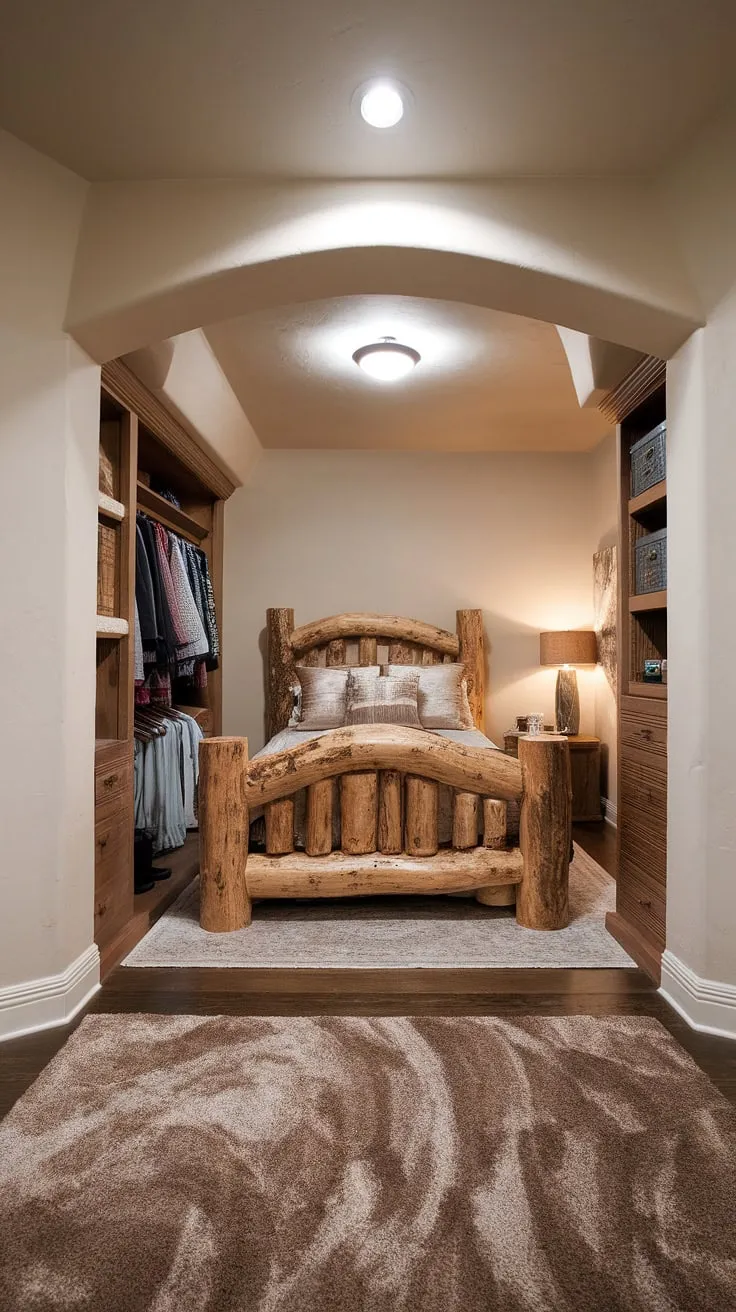 The perfect blend of functionality and style, this bedroom nook features a stunning built-in bed and a practical built-in bedroom closet. This master bedroom boasts ingenious bedroom built-ins, transforming a small space into a luxurious and efficient retreat. The rustic built-in beds add warmth and character to the room, while the soft lighting enhances the cozy ambiance of this unique bed nook.