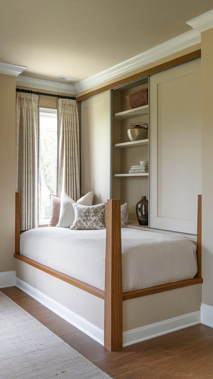 Escape to your own private sanctuary in this master bedroom nook. Built-in beds and a built-in bedroom closet maximize space, creating a serene bedroom built-ins haven. Pure bliss.