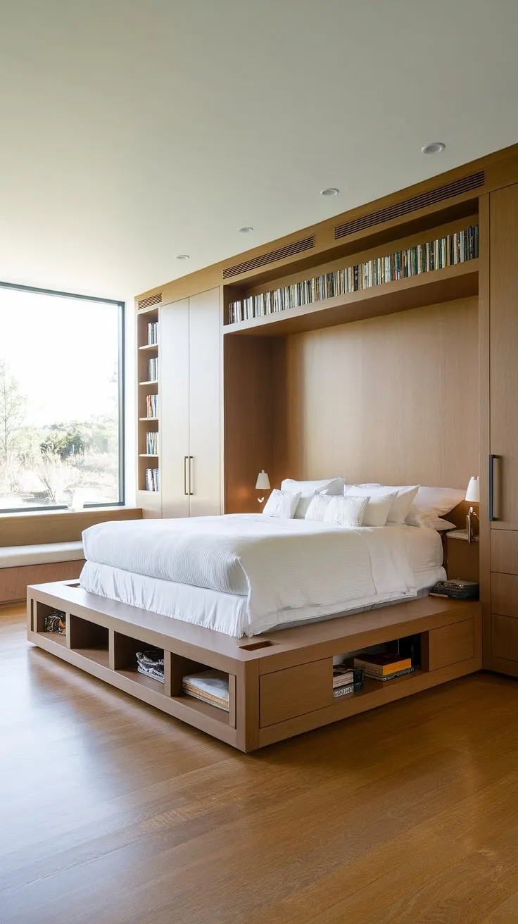 This stunning master bedroom boasts impressive built-in beds, maximizing space and style. The built-in bed, elevated for extra storage, sits beside a spacious built-in bedroom closet. A charming bed nook offers a quiet seating area, while built-in shelving adds functionality and visual appeal. The warm wooden floors and large window complete this expertly designed space, showcasing the best in bedroom built-ins. This is more than just a bedroom; it's a sanctuary.