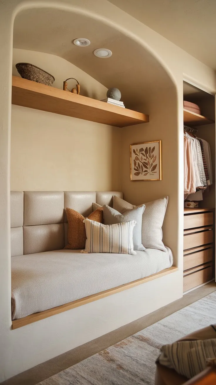 Escape to this tranquil bedroom nook, featuring a custom built-in bed and a convenient built-in closet. The thoughtful design of this bed nook, complete with built-in beds and bedroom built-ins, creates a serene and functional master bedroom nook. Soft pillows and warm hues complete the inviting ambiance.