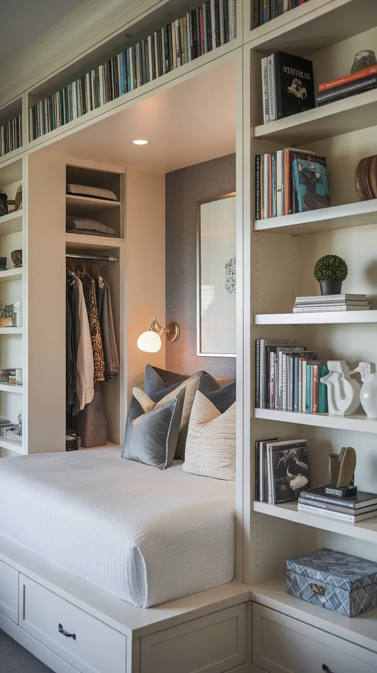 Soft light illuminates this master bedroom nook, where a built-in bed rests comfortably within a space cleverly defined by a tall bookshelf brimming with books, decorative objects, and a touch of greenery. The built-in bedroom closet, discreetly tucked to the side, adds to the seamless design. This clever use of built-in beds and bedroom built-ins maximizes space and creates a cozy, intimate retreat. The bed nook is a perfect example of efficient and stylish design.