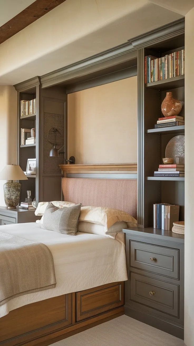 Escape to this tranquil master bedroom, where a thoughtfully designed bedroom nook houses a built-in bed with integrated shelving and a built-in closet. The warm wood tones and neutral palette complement the built-in beds, creating a serene and functional space. This clever use of built-in bedroom features maximizes space and style.