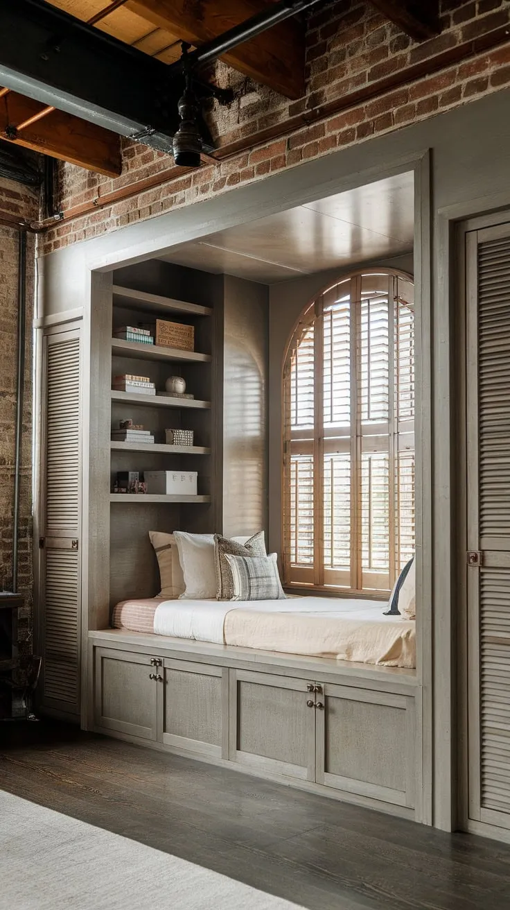 Escape to this dreamy bedroom nook: a built-in bed, built-in bedroom closet, and exposed brick walls define this master bedroom nook's rustic charm. Built in beds are the ultimate space-saving solution.