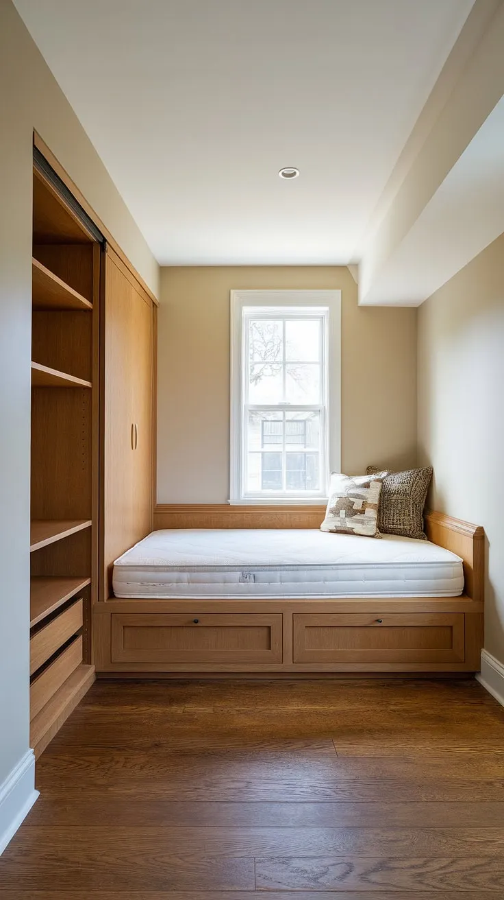 Cozy comfort redefined: This master bedroom nook boasts a built-in bed, a built-in bedroom closet, and the perfect spot to unwind. The bedroom built-ins maximize space, creating a serene bed nook.
