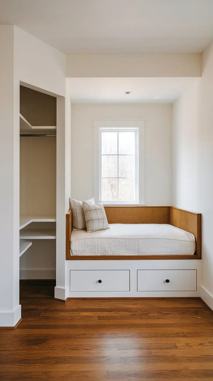 Sunlight streams into this serene master bedroom nook, highlighting the minimalist design and the clever use of space. The built-in bed, with its warm wooden headboard, sits perfectly beside a spacious built-in bedroom closet, maximizing storage in this cozy bed nook. This efficient use of built-in beds and bedroom built-ins creates a calming and functional retreat.
