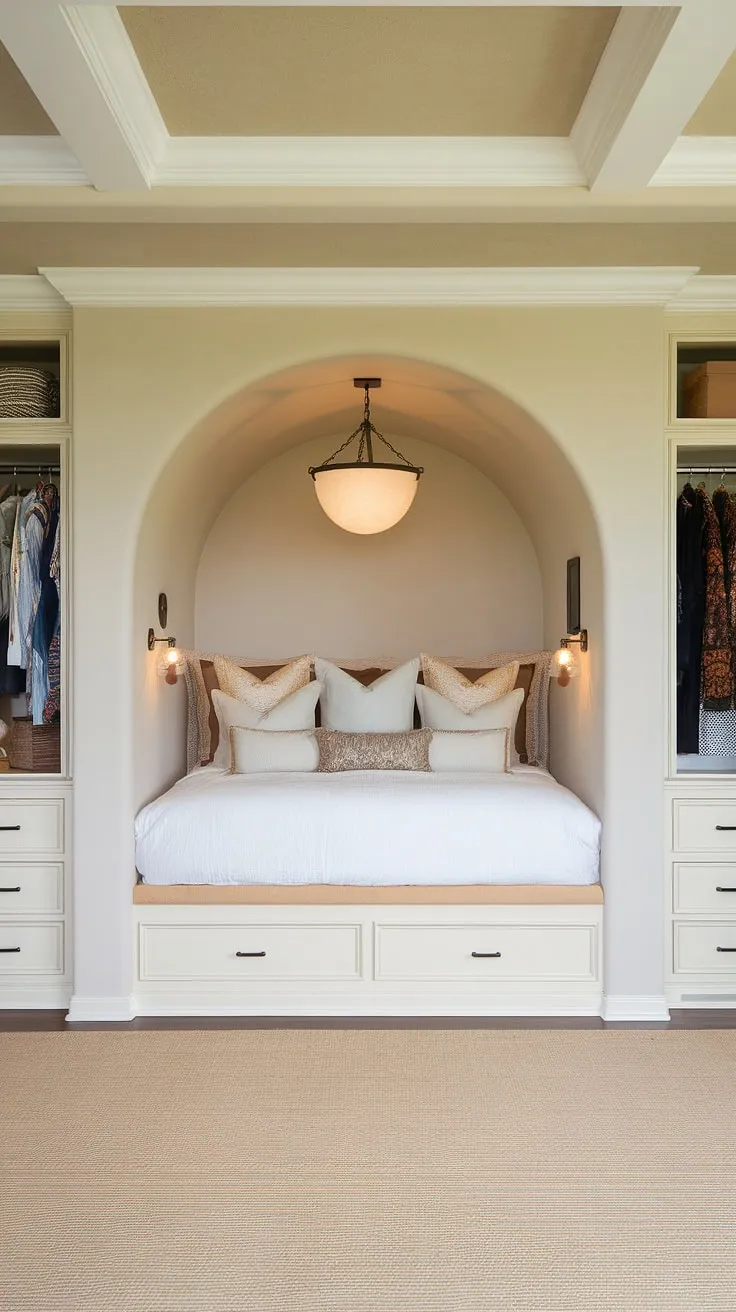 Escape to your own private sanctuary in this master bedroom featuring a stunning bed nook. The built-in bed is a focal point, nestled between custom built-in bedroom closets. This clever use of built-in beds and bedroom built-ins creates a luxurious and efficient use of space, transforming the bedroom into a tranquil retreat. The soft lighting enhances the cozy ambiance of this unique bed nook.