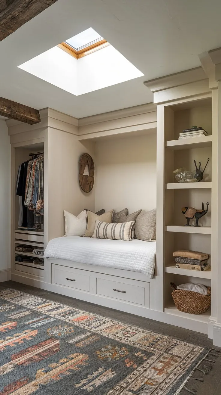 Dreamy escape in this master bedroom nook. Built-in beds are the epitome of efficient design, perfectly showcased in this space with its built-in bed, built-in bedroom closet, and thoughtful use of bedroom built-ins. A true bed nook haven.
