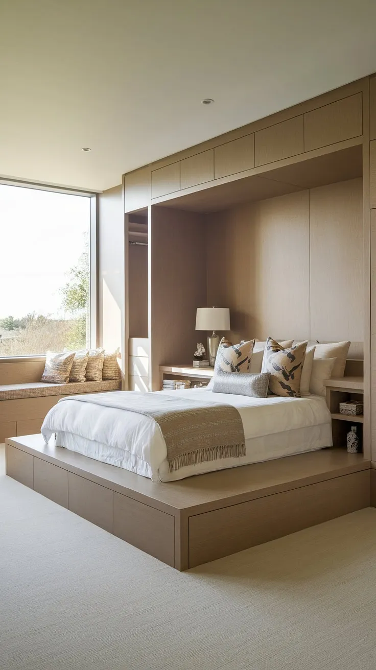This stunning master bedroom boasts a unique design featuring a raised built-in bed, complete with integrated bedside tables and a spacious built-in bedroom closet. A charming bed nook offers a quiet retreat within the room, highlighting the seamless integration of built-in beds and the overall bedroom built-ins. The plush carpeting and large window add to the room's inviting atmosphere.