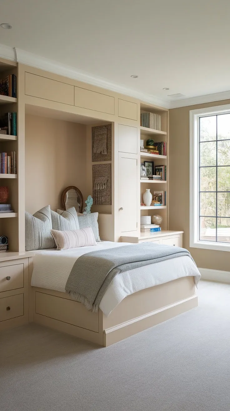 This master bedroom nook boasts a stunning built-in bed, custom built-in beds, and clever bedroom built-ins, creating a cozy and functional space. The ultimate bedroom nook retreat.