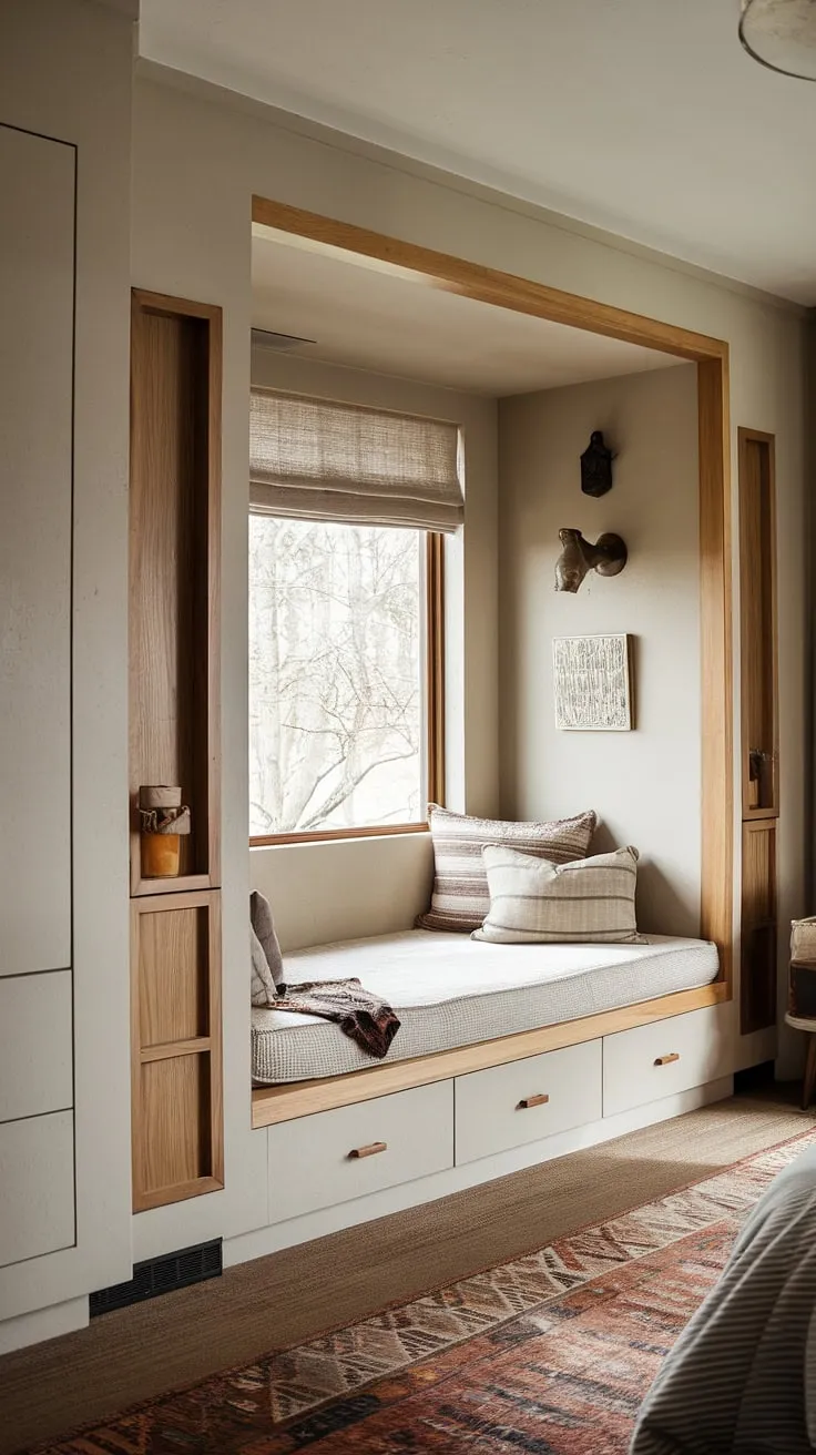 Cozy comfort redefined. This master bedroom nook, complete with a built-in bed and closet, offers a serene escape. The perfect blend of bedroom built-ins and a tranquil bed nook.