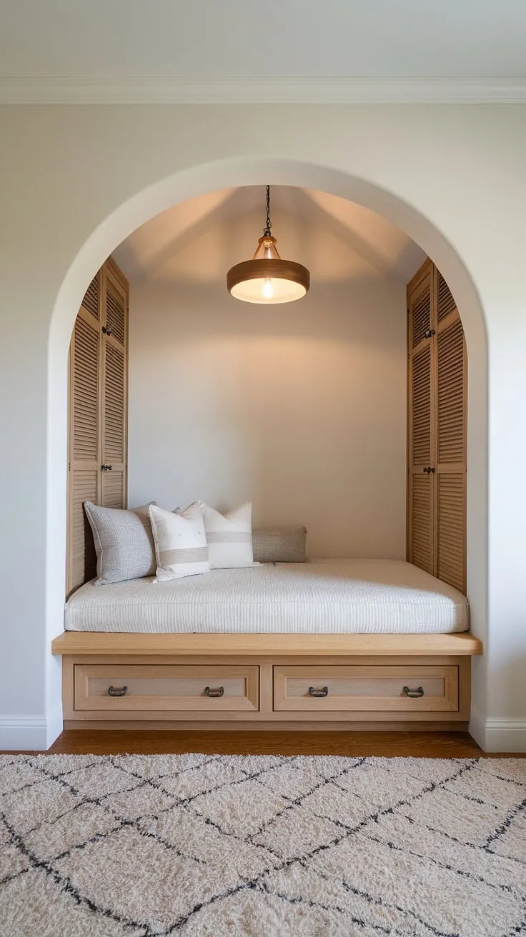 The ultimate in space-saving luxury: this bedroom nook boasts a built-in bed, seamlessly integrated with a built-in bedroom closet. The master bedroom nook is a testament to smart design, offering a comfortable and stylish sleeping area. The built-in beds and bedroom built-ins create a cohesive and calming space, enhanced by the soft rug and warm lighting. This bed nook is the perfect example of how to maximize space and style.
