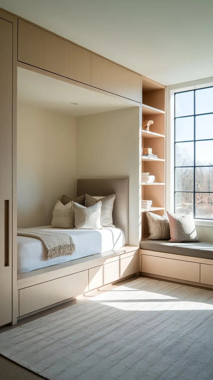 This charming bedroom nook features a stunning built-in bed, perfectly complemented by a built-in bedroom closet. The thoughtful design of built-in beds creates a serene and efficient space, making this master bedroom nook a true sanctuary. The large window and soft rug complete the inviting atmosphere.