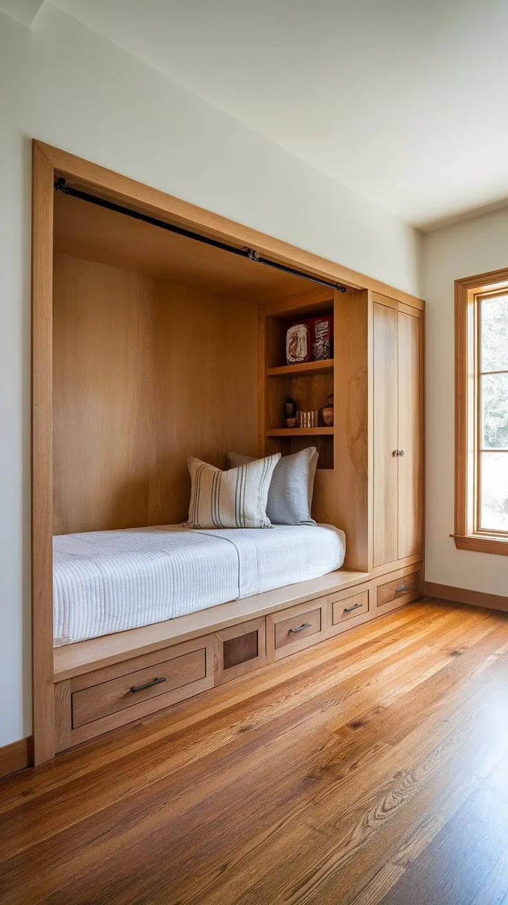 Sunlight streams into this serene master bedroom, illuminating the handcrafted built-in bed nestled perfectly within its own private nook. The clever design maximizes space with a built-in bedroom closet seamlessly integrated alongside the built-in bed, showcasing the beauty of bedroom built-ins. This bed nook offers a tranquil retreat, a testament to the artistry of built in beds.