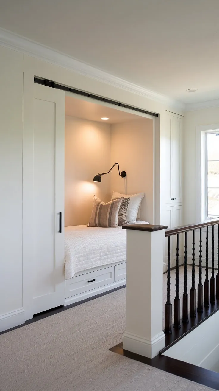 A dreamy bedroom nook featuring built-in beds and a built-in bedroom closet. This space-saving design is the epitome of efficient bedroom built-ins, transforming a corner into a private and stylish sleeping area. The white walls and floors enhance the feeling of spaciousness within this master bedroom nook.