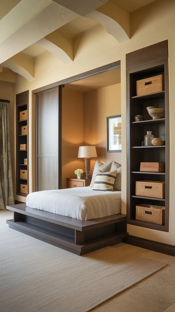 Escape to your own private haven in this master bedroom nook. The built-in bed, built-in bedroom closet, and thoughtful bedroom built-ins transform this small space into a luxurious retreat. A perfect example of clever design in a bedroom nook.