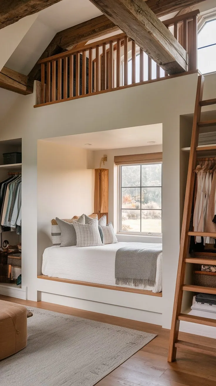 Escape to this tranquil master bedroom, where a built-in bed creates a secluded and intimate bedroom nook. The built-in bedroom closet seamlessly integrates with the design, maximizing space and enhancing the rustic aesthetic. This stunning example of built-in beds and bedroom built-ins transforms a simple alcove into a dreamy bed nook, complete with a view and a charming wooden ladder to a loft.