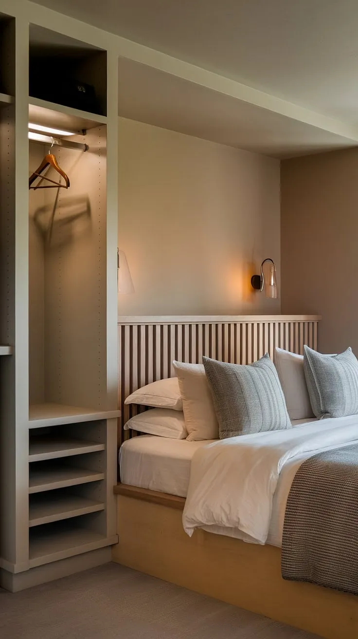 This tranquil master bedroom features a stunning built in bed nestled within a charming bedroom nook. The adjacent built in bedroom closet, complete with shelves and hanging rods, showcases the thoughtful design of this space, maximizing storage and creating a luxurious feel with built in beds.