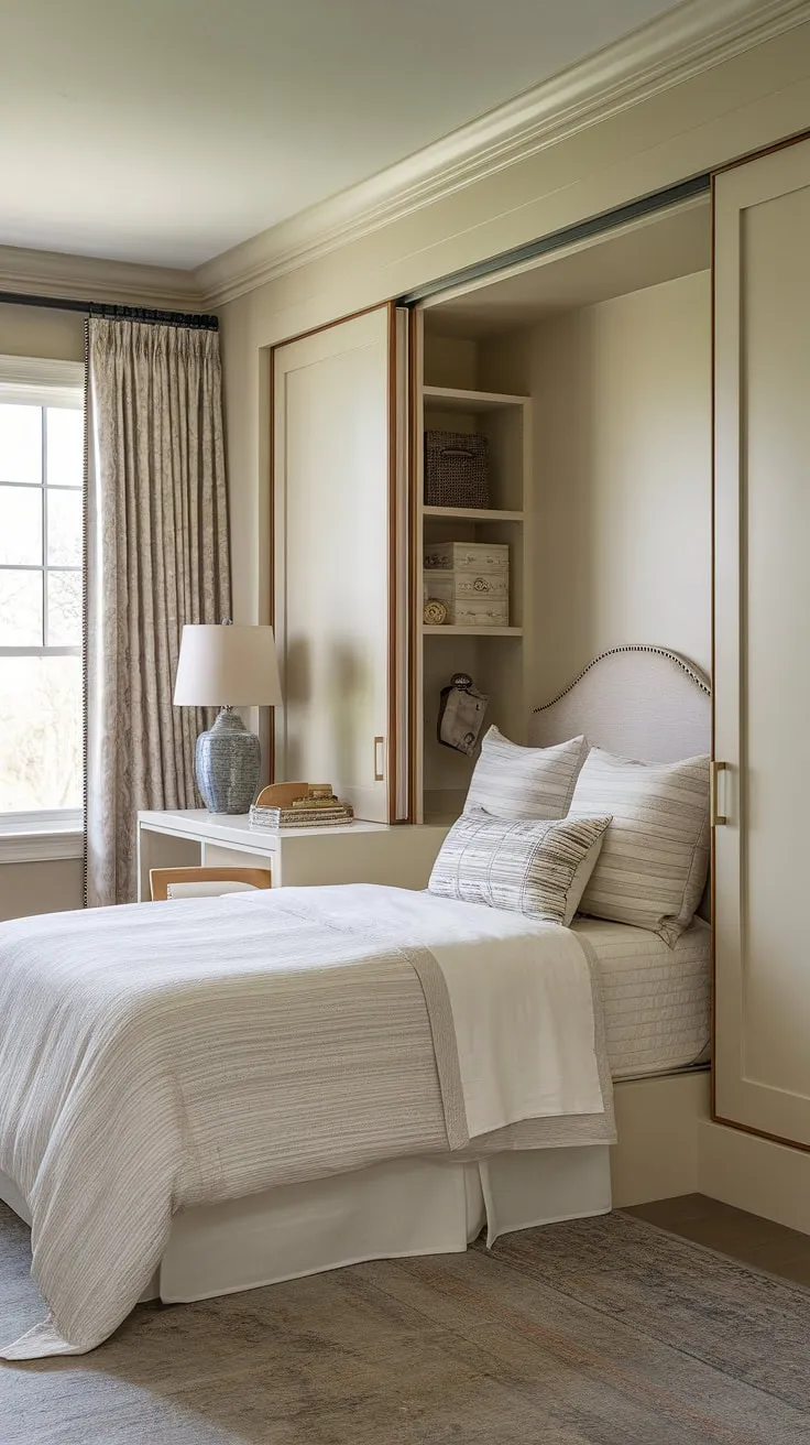 This bedroom nook is a masterclass in space-saving design. The built-in bed, nestled perfectly beside the built-in bedroom closet, is a stunning example of bedroom built-ins. The clever placement of the bed, creating a cozy bed nook, leaves room for a small desk and still feels spacious and inviting. The soft lighting and neutral tones complete the tranquil ambiance.