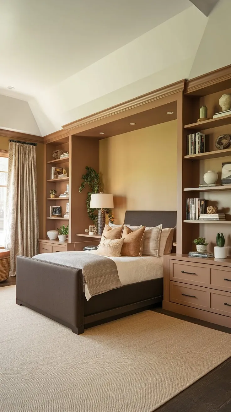 Cozy and functional, this master bedroom nook features a built-in bed, seamlessly integrated with surrounding bookshelves. The built-in bedroom closet adds to the space-saving design, creating a tranquil retreat. The warm color palette and thoughtful placement of personal items complete this inviting bedroom built-ins design.