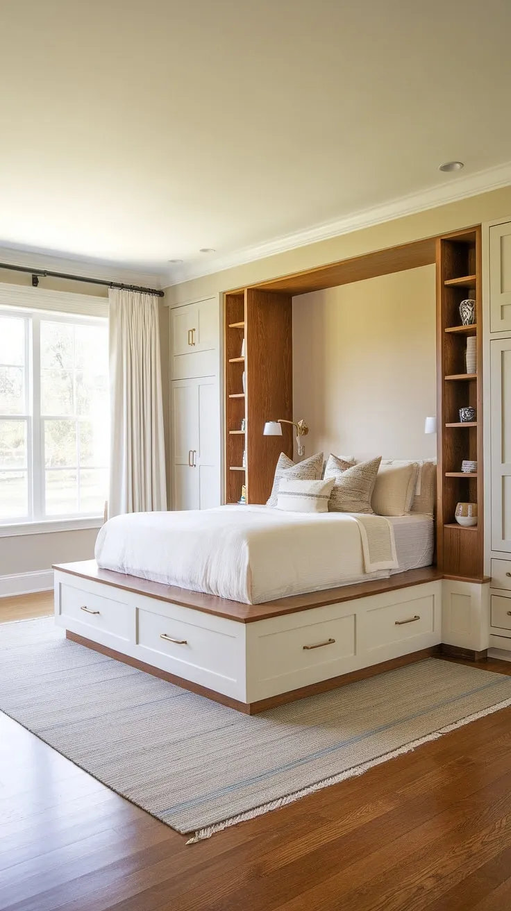 This master bedroom nook boasts a stunning built-in bed, elevated for a unique and space-saving design. The built-in bedroom closet opposite provides ample storage, while the wooden shelves flanking the bed nook offer convenient bedside surfaces. The warm hardwood floors and beige walls create a serene atmosphere, perfectly complemented by the large window and flowing white curtains. This clever use of built-in beds and bedroom built-ins maximizes space and style.