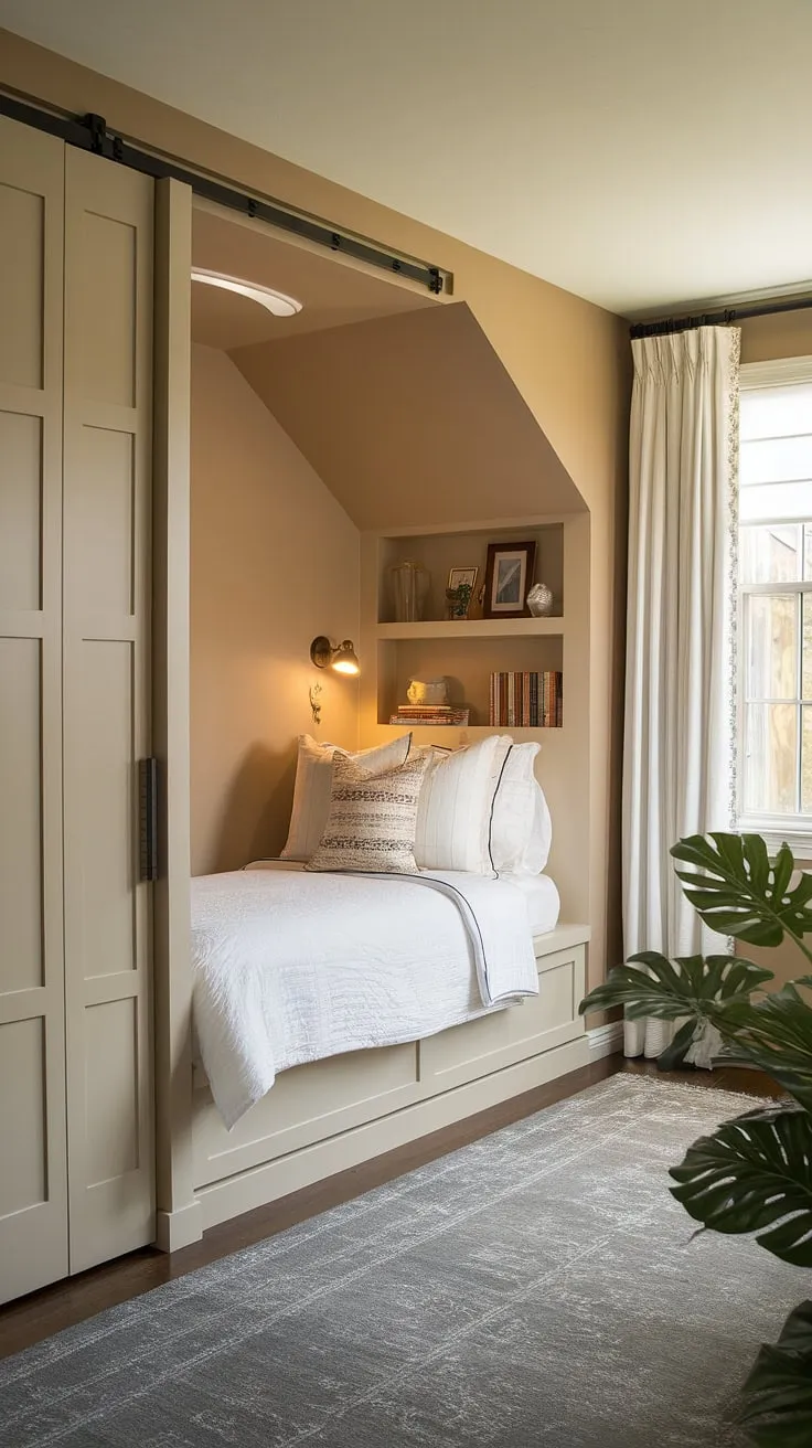 This bedroom nook is a masterclass in space-saving design. The built-in bed, complete with a headboard featuring shelves, is the focal point of this charming retreat. A built-in bedroom closet provides ample storage, complementing the overall aesthetic. The warm color palette and thoughtful placement of a plant create a serene atmosphere in this perfectly planned bed nook. Built in beds have never looked so inviting.