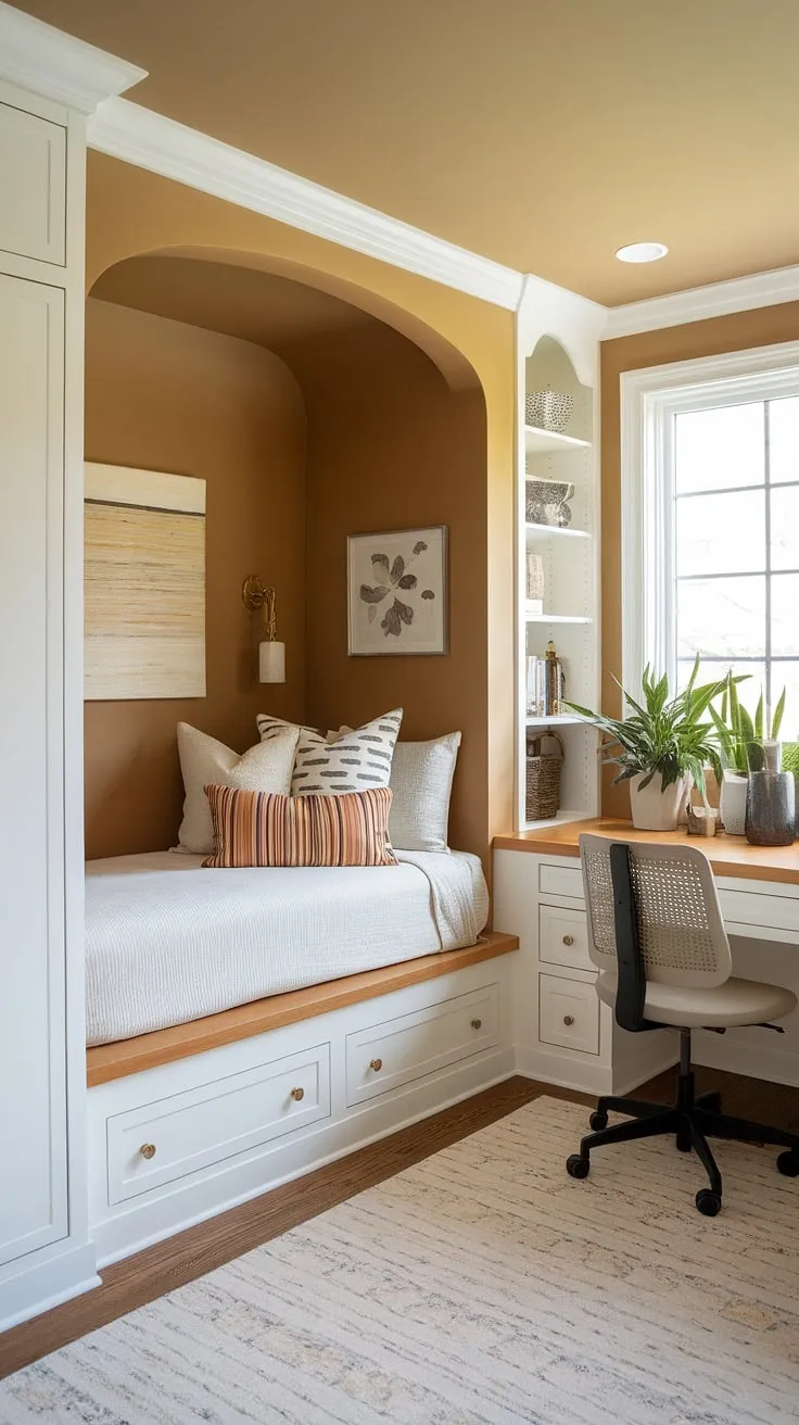 This cozy master bedroom nook features a built-in bed, cleverly maximizing space. The built-in bedroom closet offers ample storage, while the adjacent built-in desk provides a practical workspace. Two leafy plants add a touch of nature to this efficient and stylish bed nook, showcasing the beauty of bedroom built-ins. The warm beige walls create a serene atmosphere in this expertly designed space with built in beds.