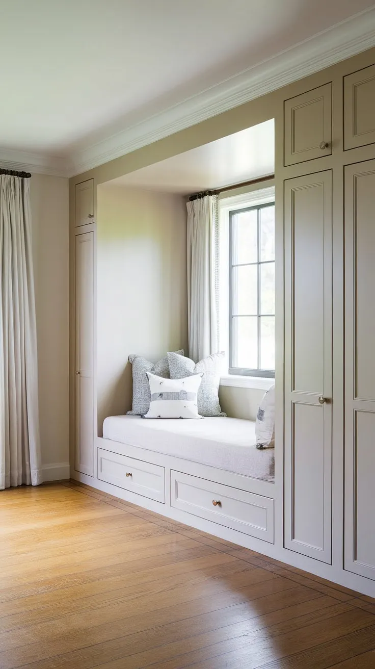 Maximize space and style in your master bedroom with this stunning bedroom nook featuring built-in beds and a built-in bedroom closet. The thoughtful design of this bed nook creates a private and serene sleeping area, showcasing the beauty of built-in beds.
