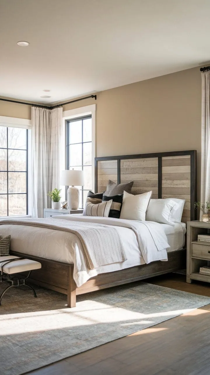 This master bedroom harmoniously blends modern elegance with rustic charm, featuring calming beige walls, a king-size bed, and thoughtfully curated details that create a serene sanctuary.
