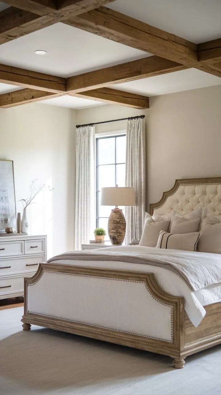 Experience tranquil luxury in this modern farmhouse master bedroom, where rustic wooden furnishings meet contemporary elegance for a serene retreat.