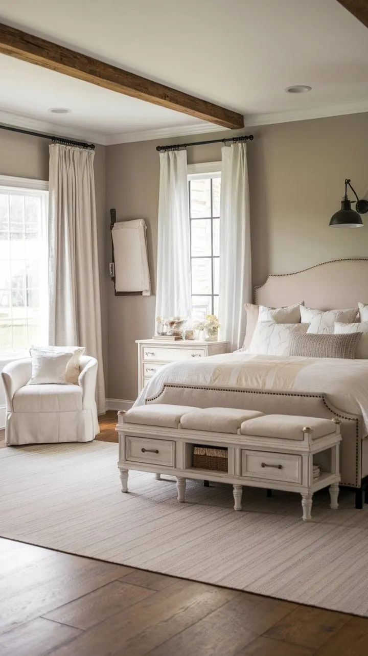 This master bedroom artfully blends contemporary elegance with rustic charm, crafting a serene sanctuary perfect for relaxation.