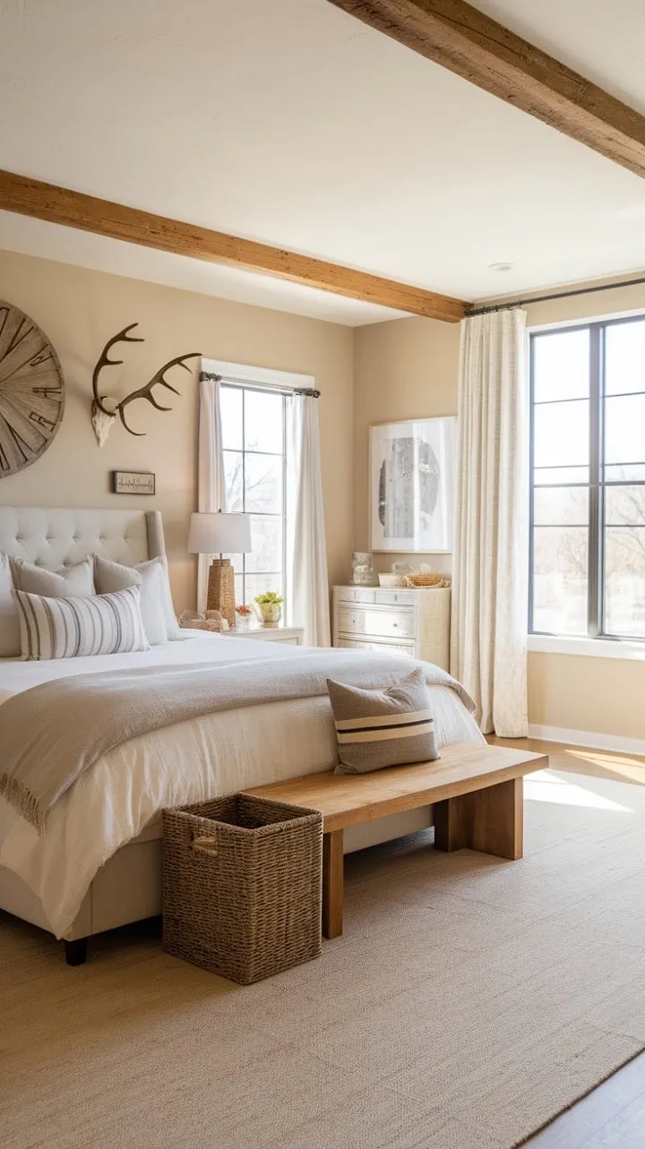 This master bedroom harmoniously combines modern comfort and rustic charm, featuring a serene palette of warm woods and natural textures, a king-sized bed, and abundant natural light for an inviting sanctuary.