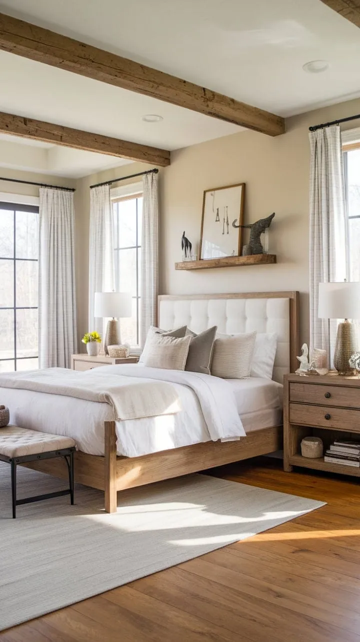 This master bedroom harmoniously fuses rustic charm with modern elegance, creating a serene sanctuary bathed in natural light and warm wood tones.