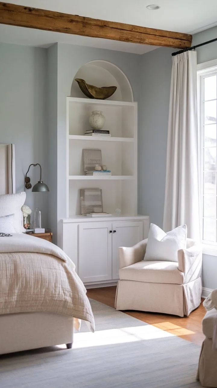 This modern farmhouse master bedroom, adorned in soothing light blue, harmoniously fuses rustic charm with contemporary comfort, creating a tranquil retreat filled with cozy nooks and curated touches.