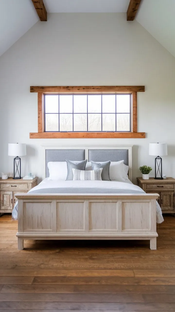 Sunlight illuminates the master bedroom's modern bed frame and rustic nightstands, crafting a sophisticated yet cozy sanctuary.