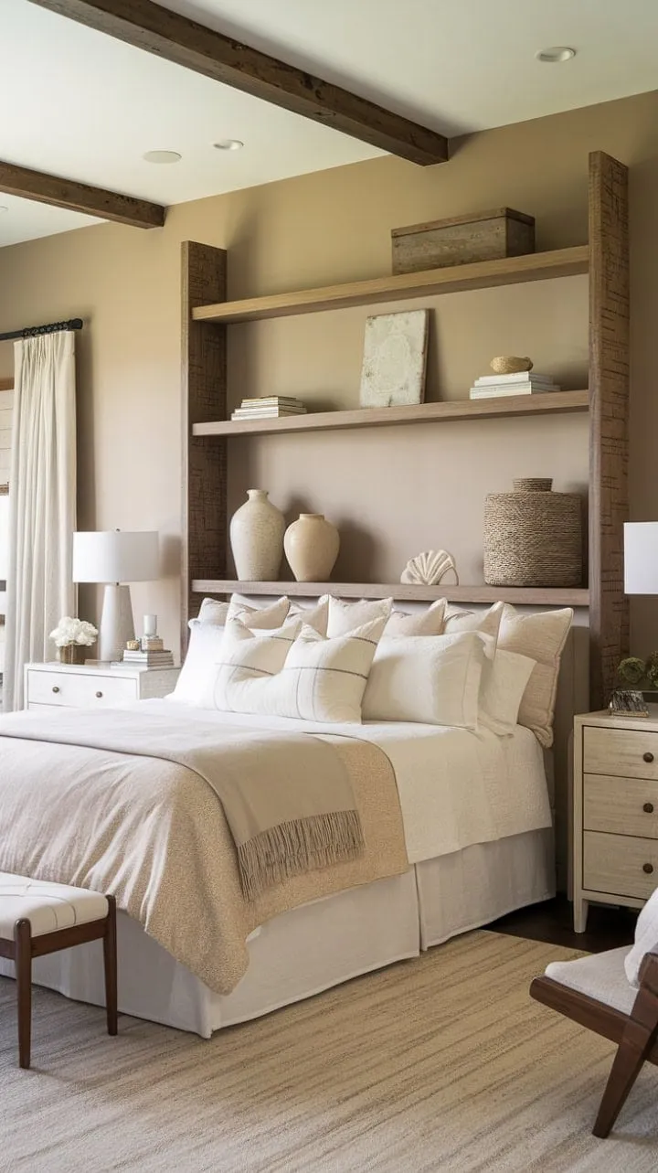 This master bedroom blends rustic modern design with a calming beige palette, creating a serene sanctuary of comfort and understated elegance.