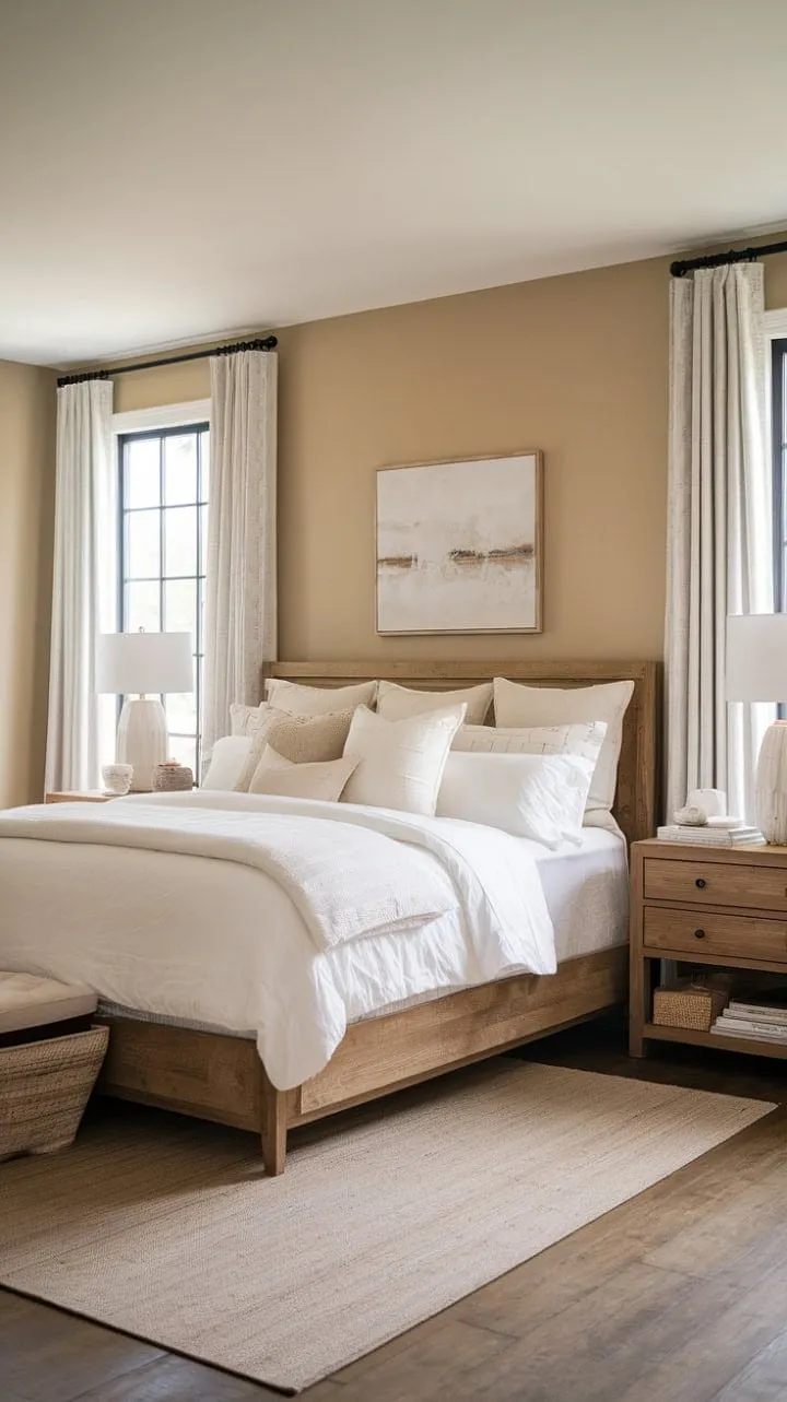 This master bedroom harmoniously fuses modern farmhouse style with rustic charm, featuring large windows and a soothing neutral palette for a cozy yet sophisticated retreat.
