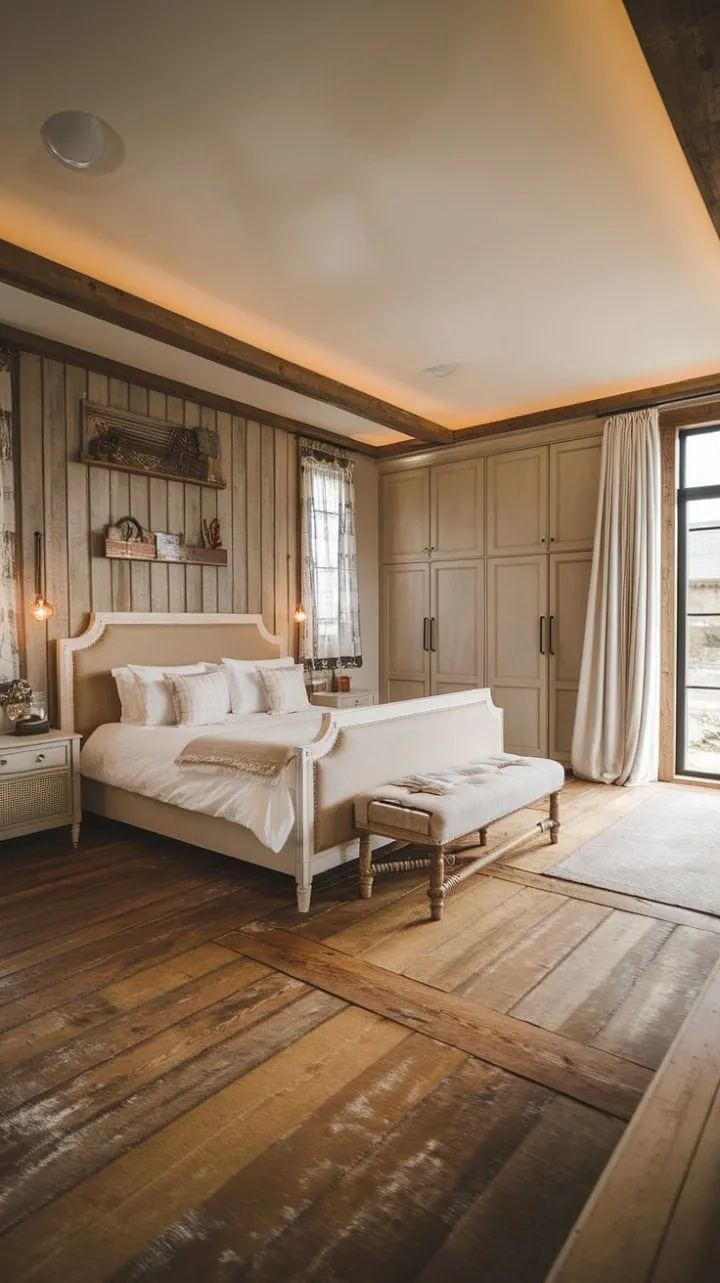 Bathed in sunlight, this modern farmhouse master bedroom blends calming beige tones and rustic wood accents, creating a serene sanctuary for relaxation and rejuvenation.