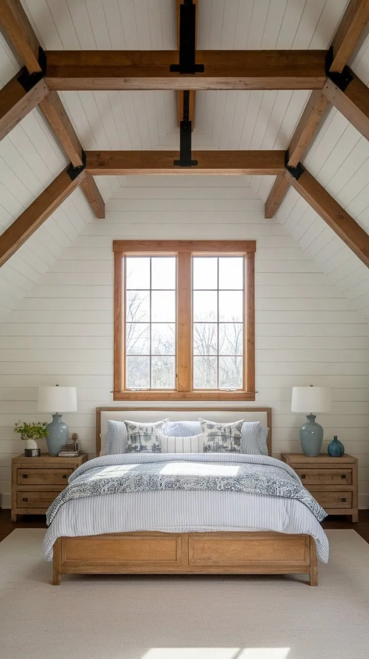 Sunlight bathes the serene blue and white hues of a modern farmhouse master bedroom, where rustic wooden beams and a simple bed harmoniously merge elegance with comfort.