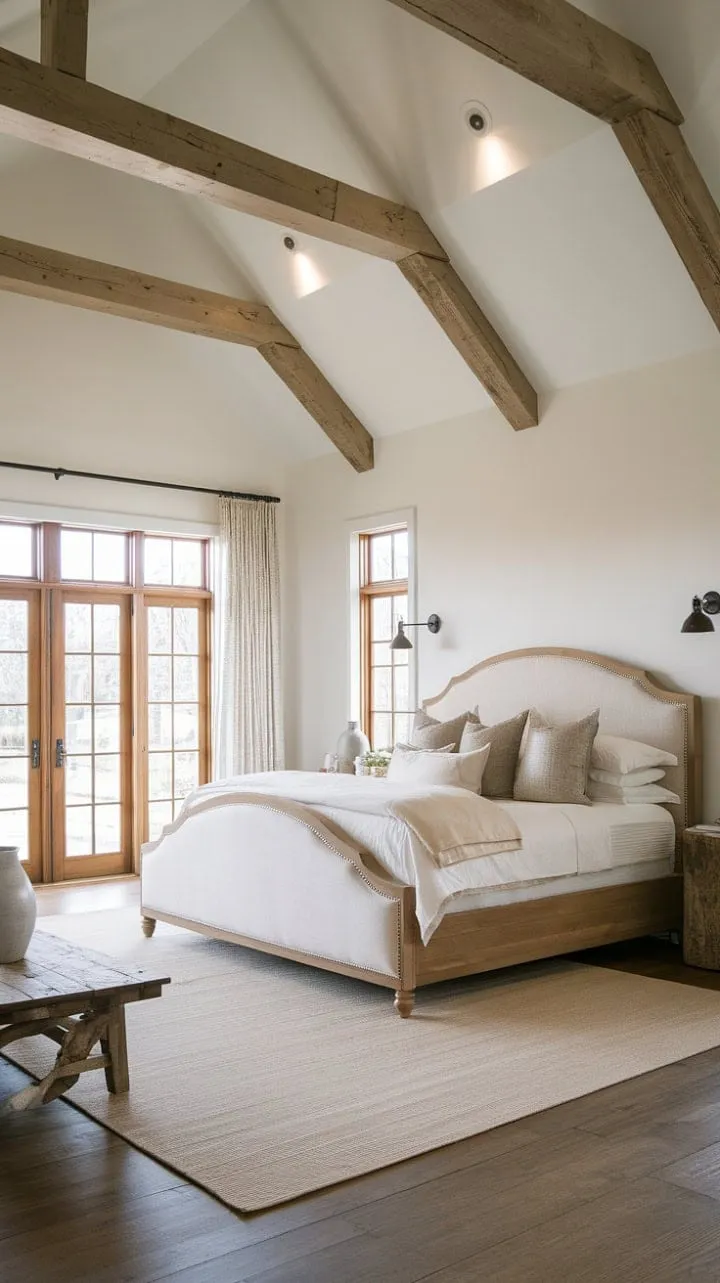 This master bedroom harmoniously blends modern elegance with rustic charm, featuring exposed beams and plush bedding for a cozy yet stylish retreat.