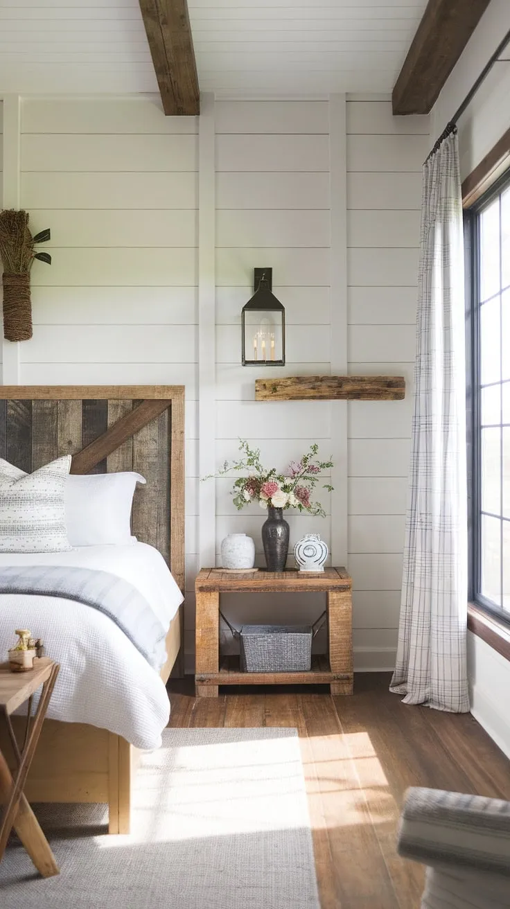 This master bedroom seamlessly blends modern design with rustic charm. The large window floods the space with natural light, complementing the warm tones of the wood flooring and furniture. It's the perfect sanctuary, a place to relax and recharge.