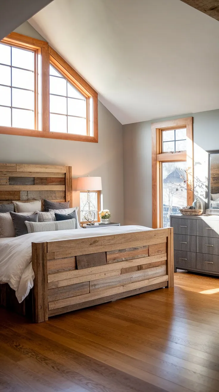 This master bedroom is a sanctuary of calm. The rustic wood details, from the headboard to the window frames, add warmth and texture to the sophisticated grey walls. The spacious layout and ample natural light create a feeling of airy openness, making it the ideal retreat at the end of a long day.