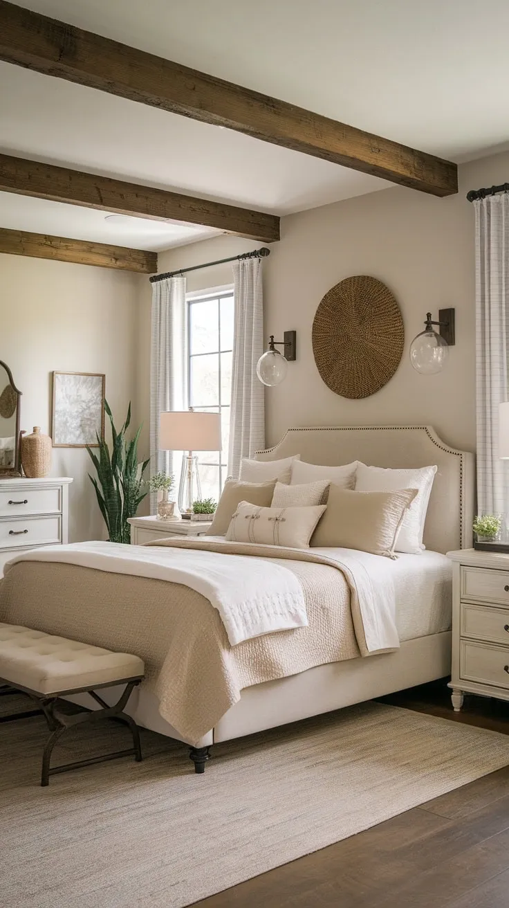 Wake up to the serenity of this modern farmhouse master bedroom. The rustic wooden beams and cozy textures create a space that's both stylish and inviting, a perfect blend of comfort and A. sophisticated elegance.