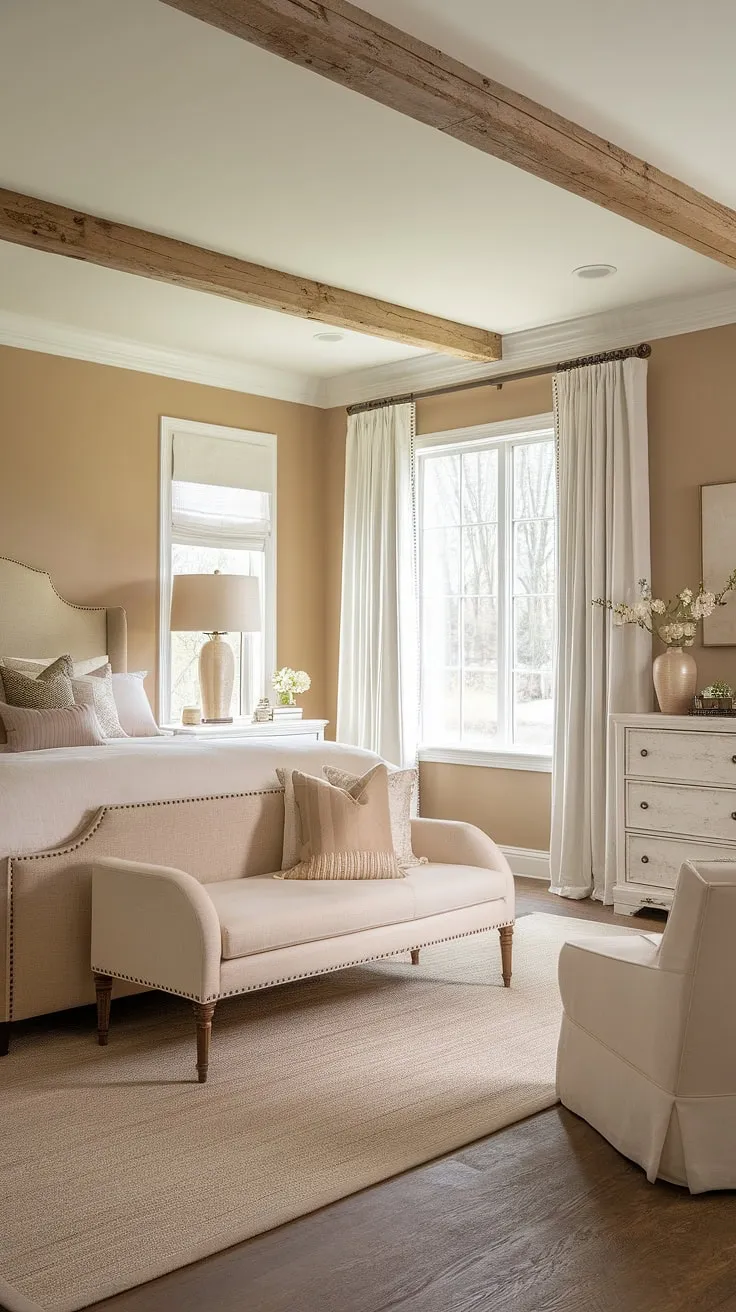 Wake up to serenity in this master bedroom, where modern farmhouse style meets rustic charm. The neutral palette and thoughtful details create a calming sanctuary, perfect for unwinding after a long day. A perfect blend of comfort and elegance.