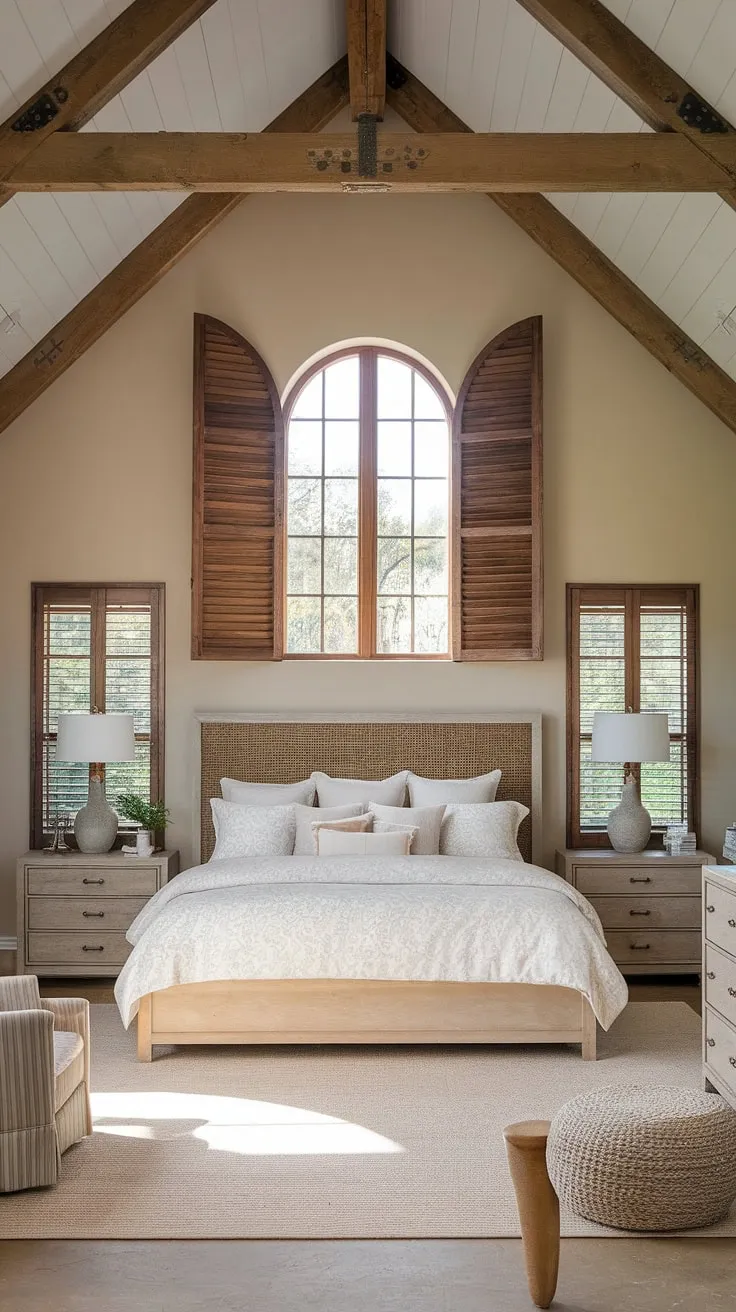 Wake up to the serenity of this modern farmhouse master bedroom. The high ceilings, exposed wooden beams, and large window with wooden shutters create a space that's both rustic and refined. A perfect blend of comfort and style.