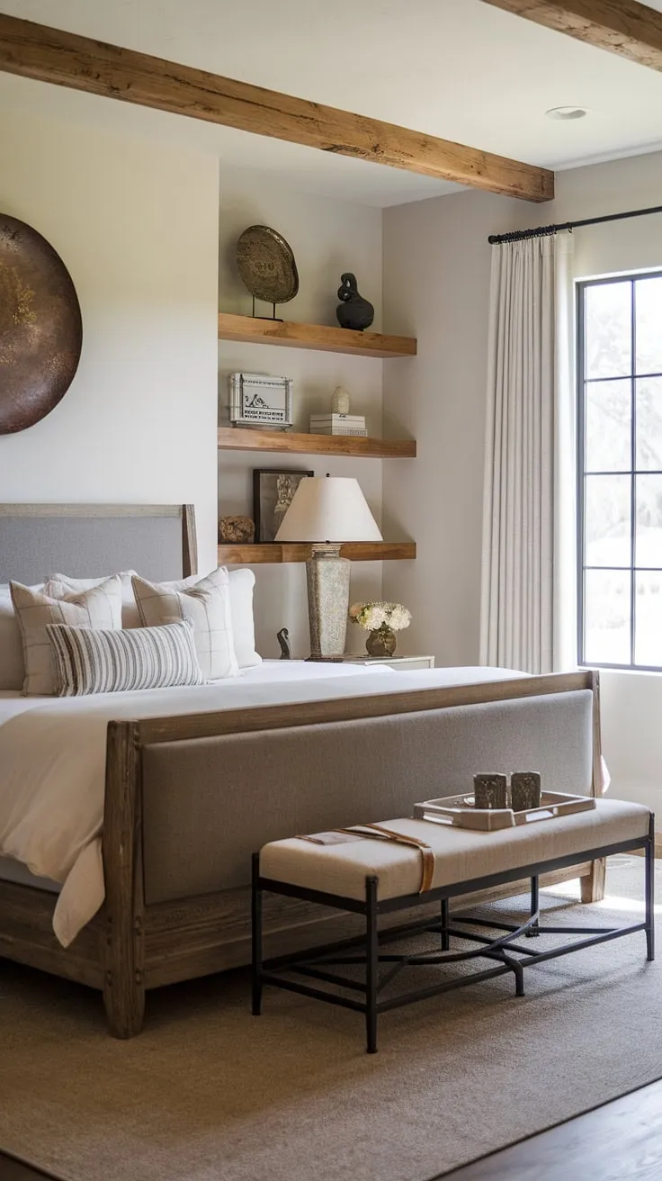 This modern farmhouse master bedroom effortlessly blends rustic charm with contemporary comfort. The grey headboard and wooden bed frame are beautifully complemented by the vintage lamp and thoughtfully placed wooden shelves, creating a space that is both stylish and inviting. The large window and beige rug add warmth and texture, making it the perfect retreat.