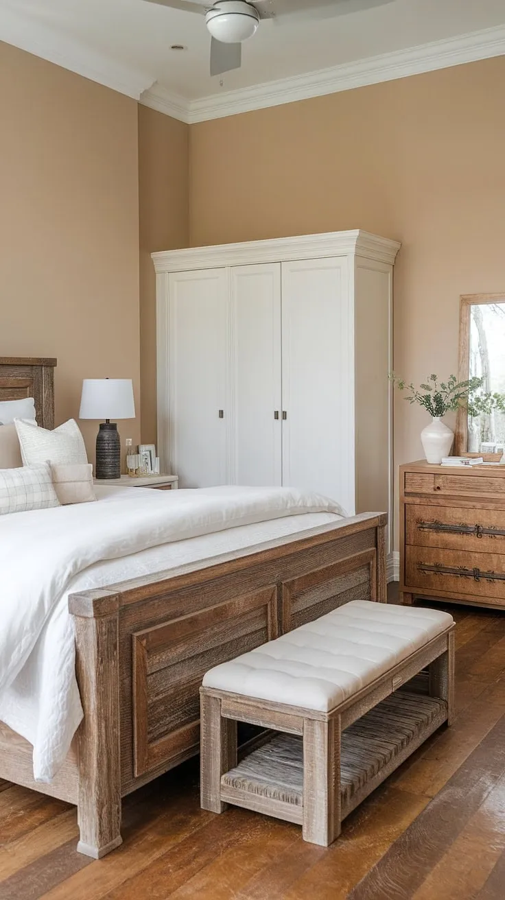 Wake up to serenity in this modern farmhouse master bedroom. The rustic wooden bed, paired with crisp white linens and a calming beige palette, creates a space that's both inviting and effortlessly chic. A spacious white wardrobe and wooden dresser complete the look, offering ample storage while maintaining the room's airy feel. The warm wooden floors and ceiling fan add to the overall comfort and style.