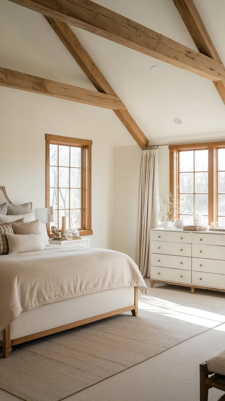 This master bedroom effortlessly blends modern farmhouse style with rustic charm. The exposed wooden beams, coupled with the creamy bedding and white dresser, create a serene and sophisticated atmosphere. A haven of tranquility awaits.
