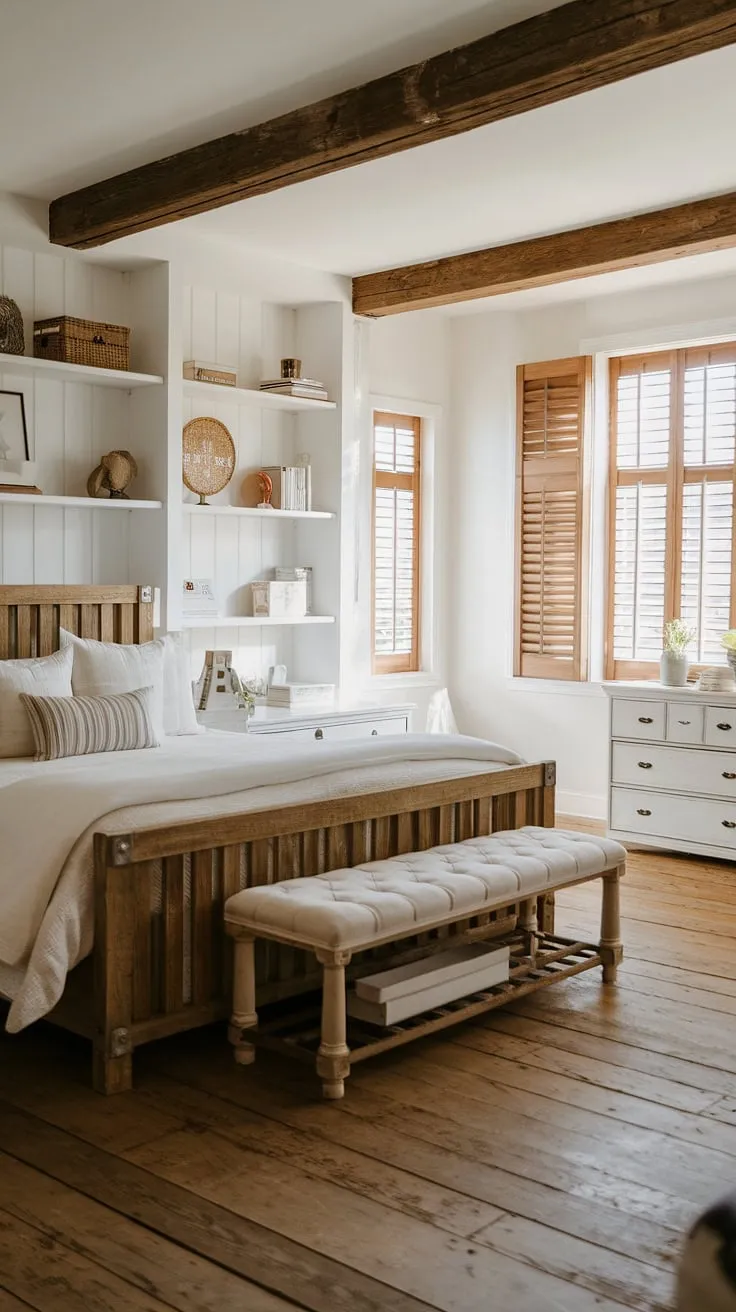This master bedroom effortlessly blends rustic charm with modern farmhouse aesthetics. The rich wood tones of the bed and floors are beautifully balanced by the clean lines of the white dresser and shelving, creating a calming and sophisticated retreat. A sanctuary for peaceful mornings and restful nights.